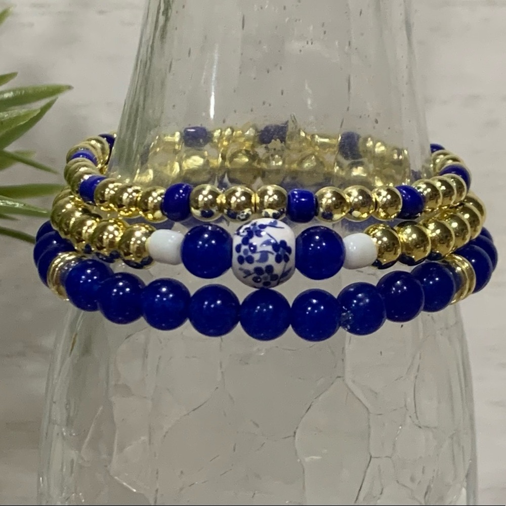 14K Gold Plated Custom Bracelet Stack - set of 3 - Blue & White